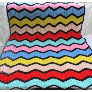 Rainbow Chevron Crocheted Afghan Lap Blanket Throw Black Colorful Zig Zag 46x65